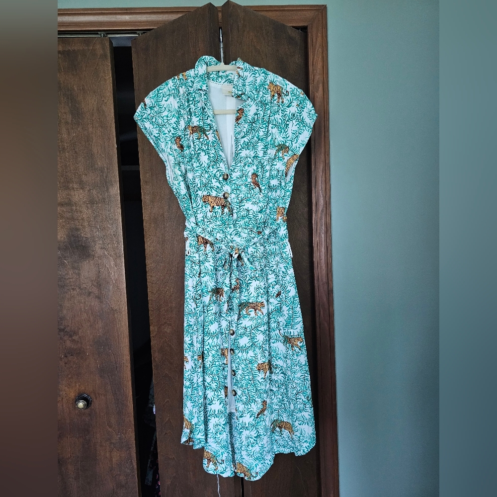 Anthropologie Green & White Tiger Print Midi Dress